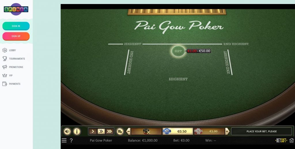 Pai Gow Poker online Spinia Casino